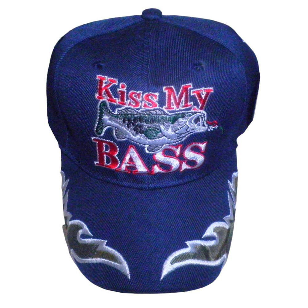 Embroidered Kiss My BASS Fishing Baseball Cap, Navy Blue, Strapback, Trucker Hat